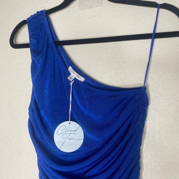 One-Shoulder Ruched Royal Blue Midi Dress By Cloud Ten Size L Stretch Party - Picture 3 of 13